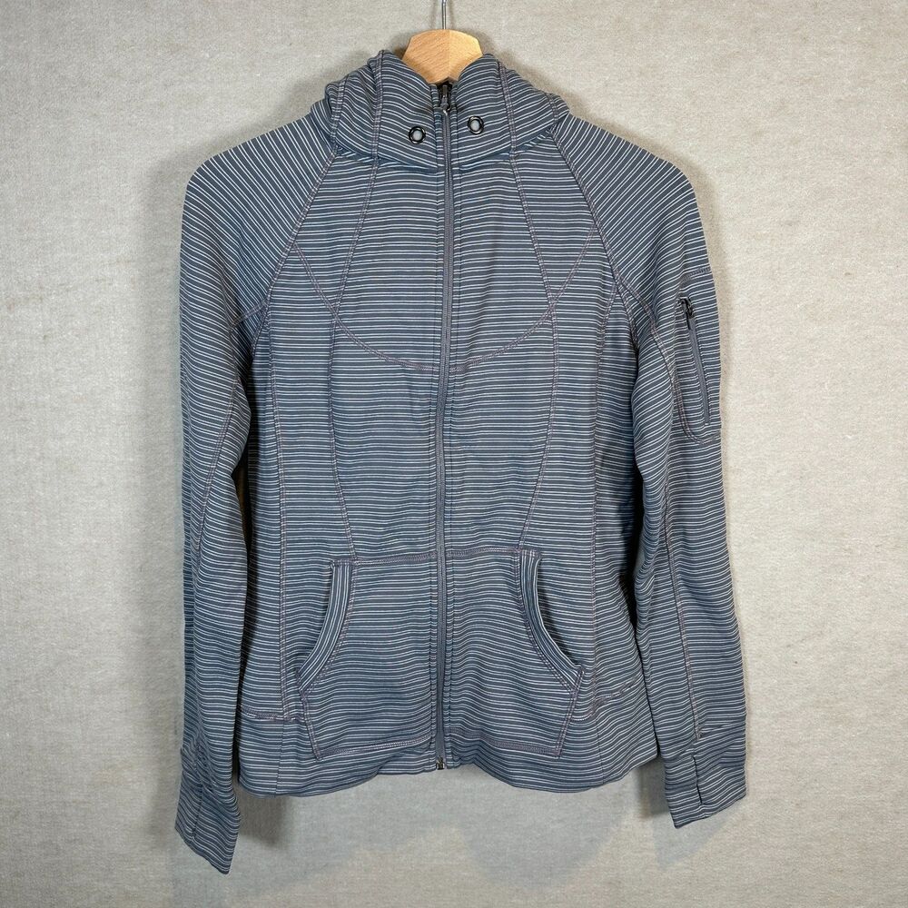 Athleta Womens M Gray Striped Full Zip Hoodie Thumbholes Sleeve Zip Pocket